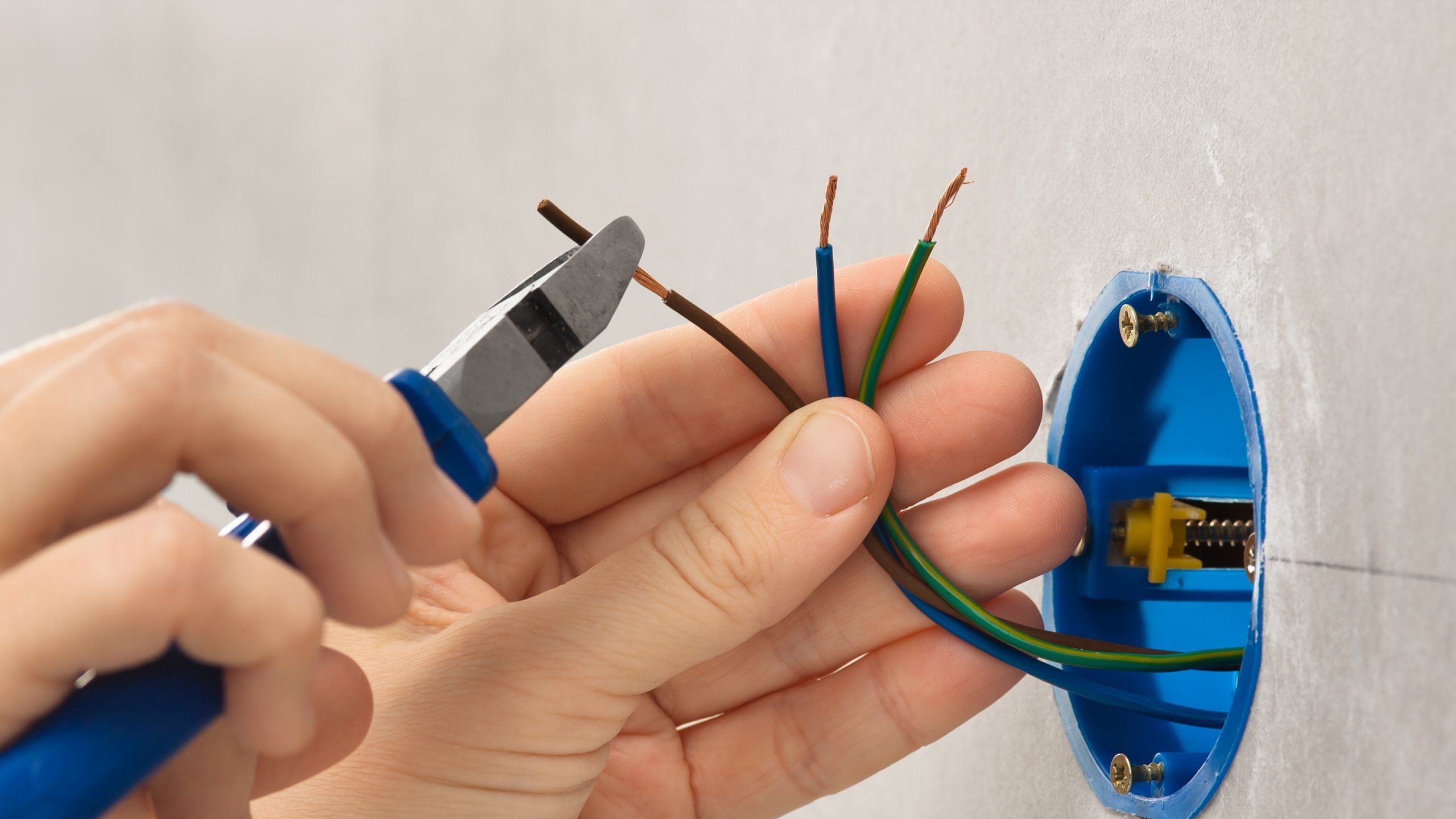 Hand führt Stripper an zweiadrigen Elektrokabel neben blauer Unterputzdose